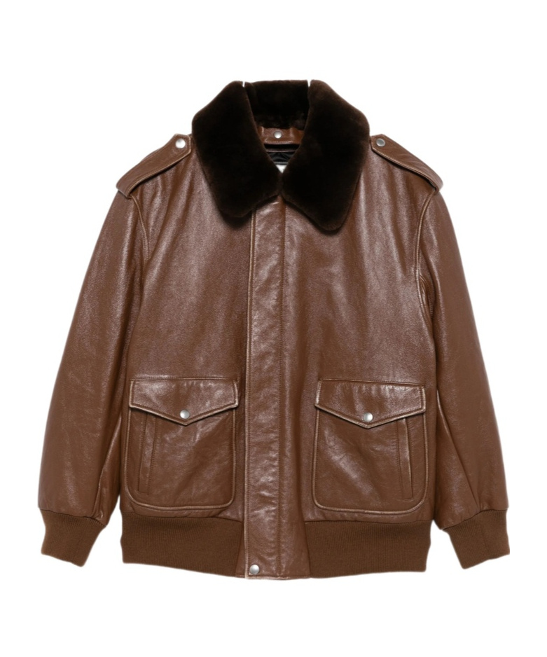 Prada Shearling-collar Leather Jacket In Brown