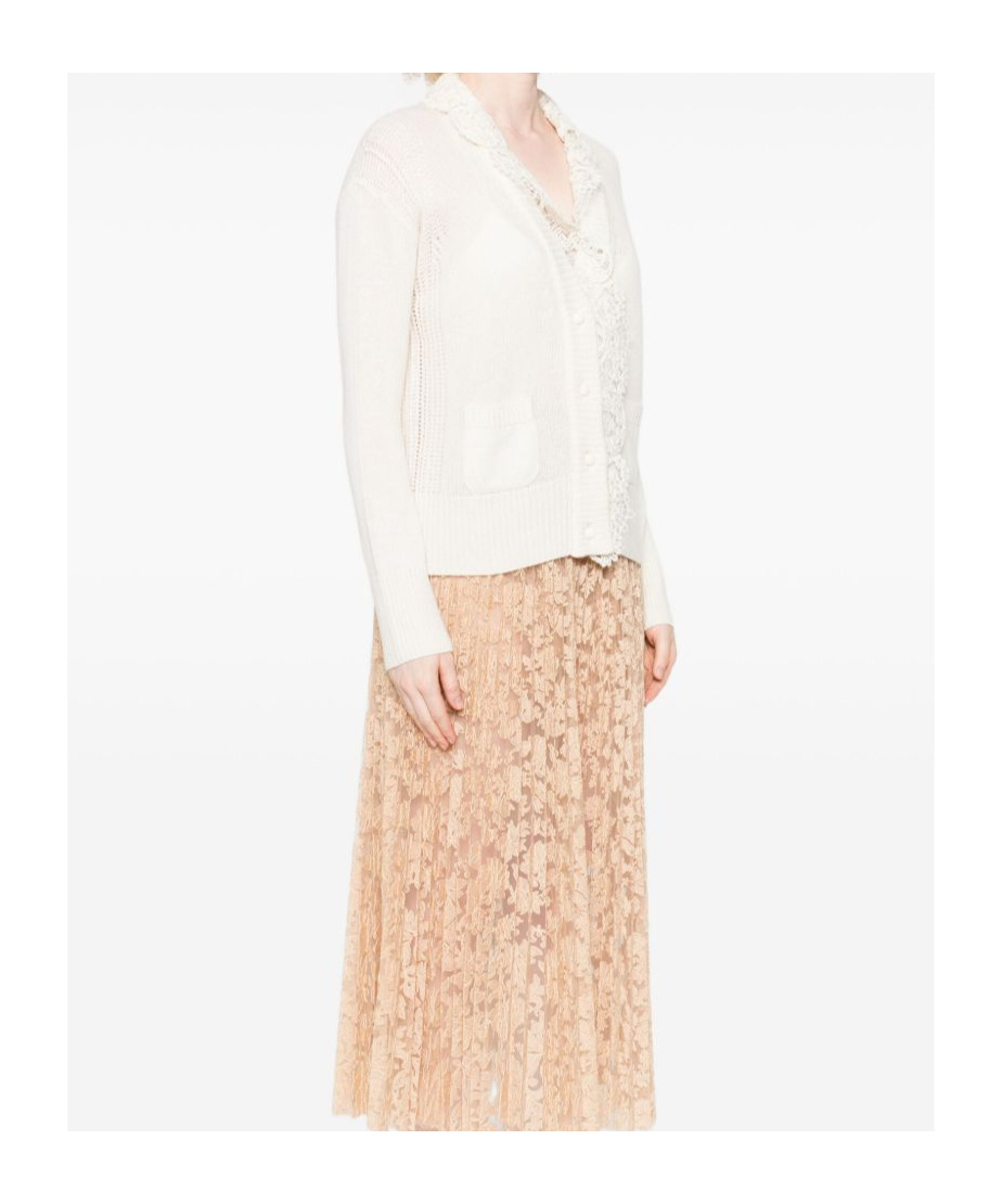 Ermanno Scervino Lace Trim Cashmere Cardigan Featuring Pockets In White