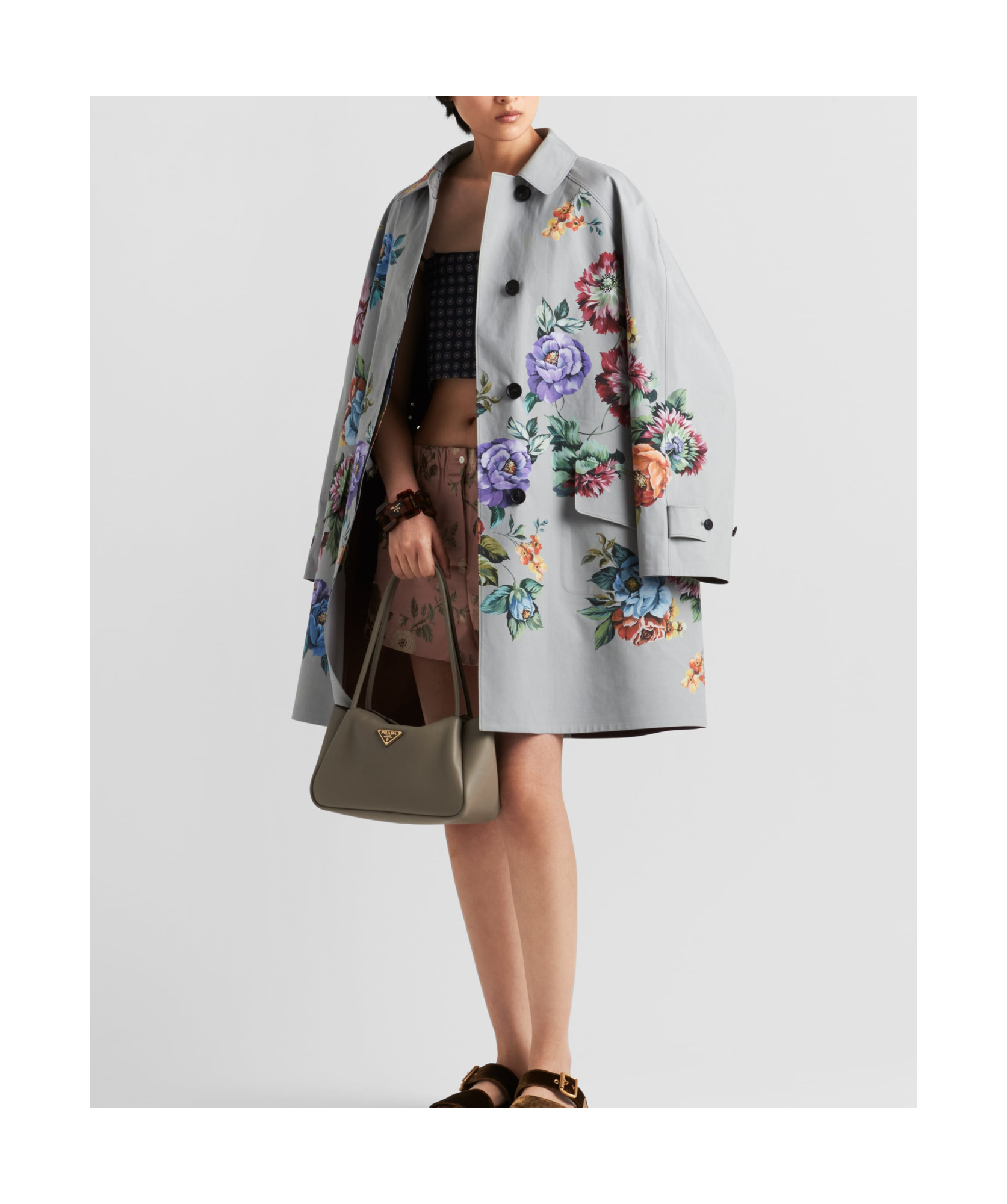 Shop Prada Printed Cotton Single-breasted Coat In Gray