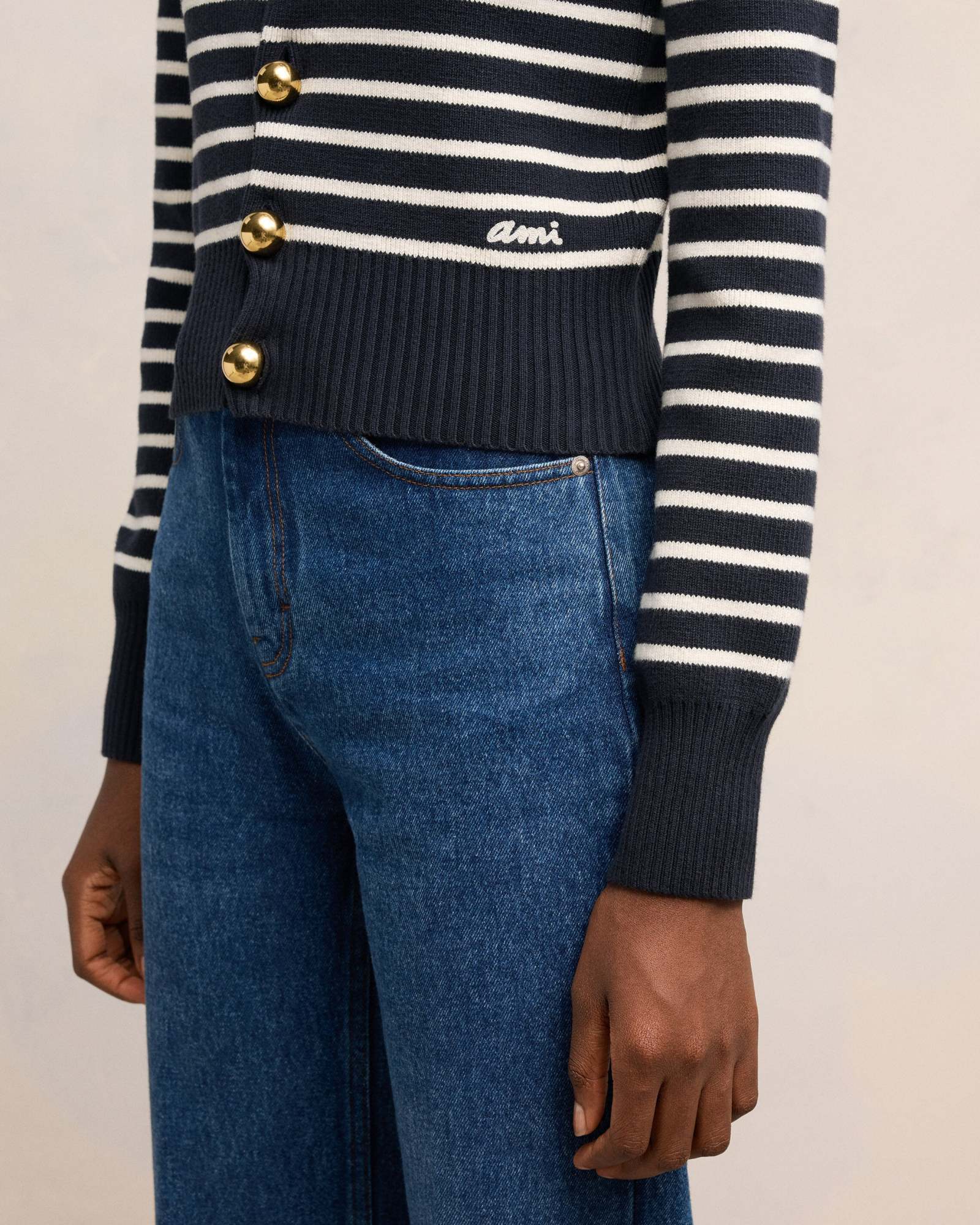 Ami Alexandre Mattiussi Ami Cropped Blue Cardigan With Striped Pattern In Black