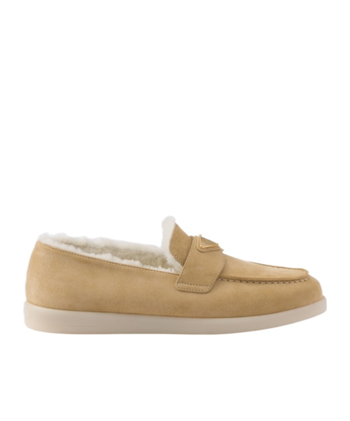 Prada St Tropez Suede Shearling Loafers In Brown