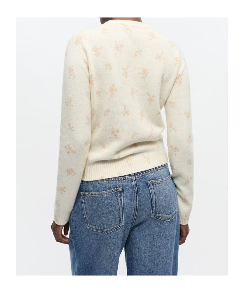 Ganni Womens Antique White Floral-print Embellished-button Wool-blend Knitted Cardigan In Multi