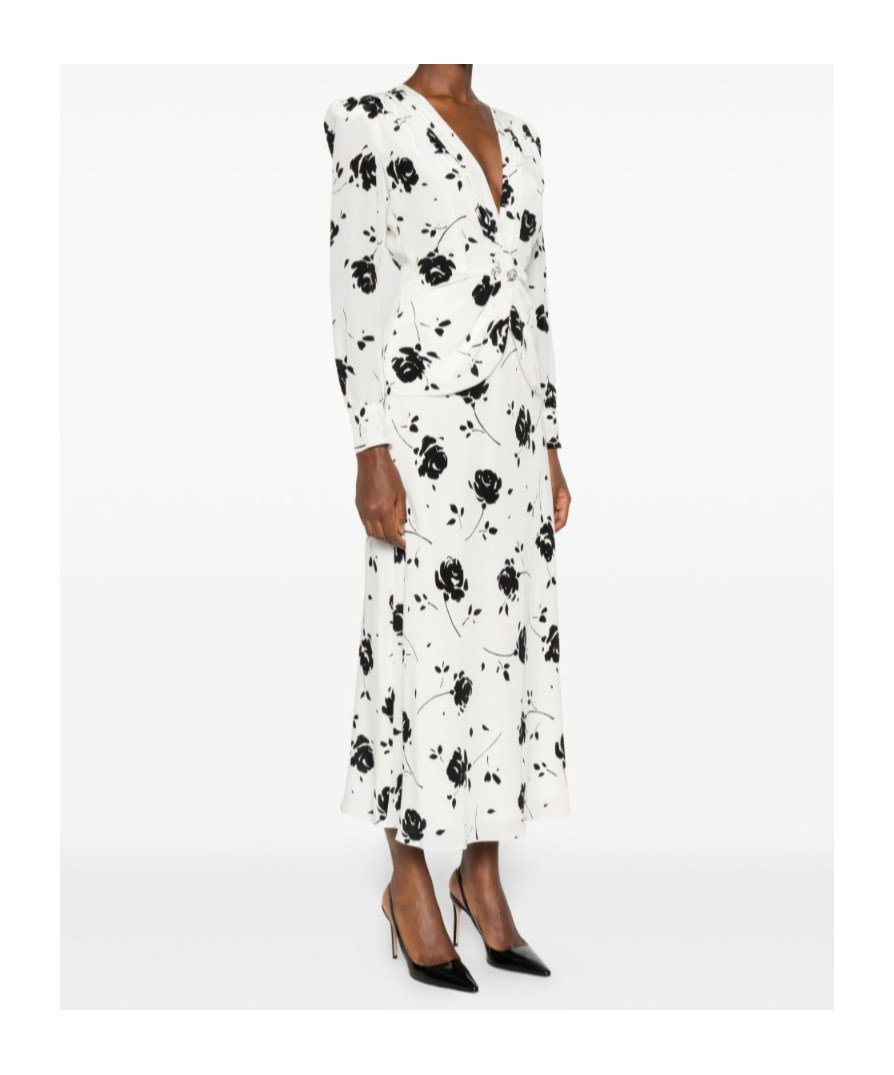 Alessandra Rich Embellished Pleated Floral-print Silk Crepe De Chine Midi Dress In White