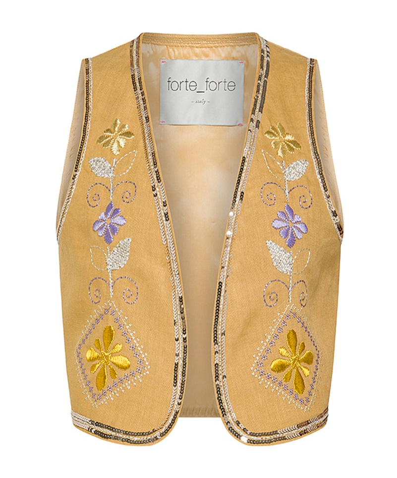 Forte Forte Linen Vest For Women With Oniric Blossom Embroidered Detailing In Grano