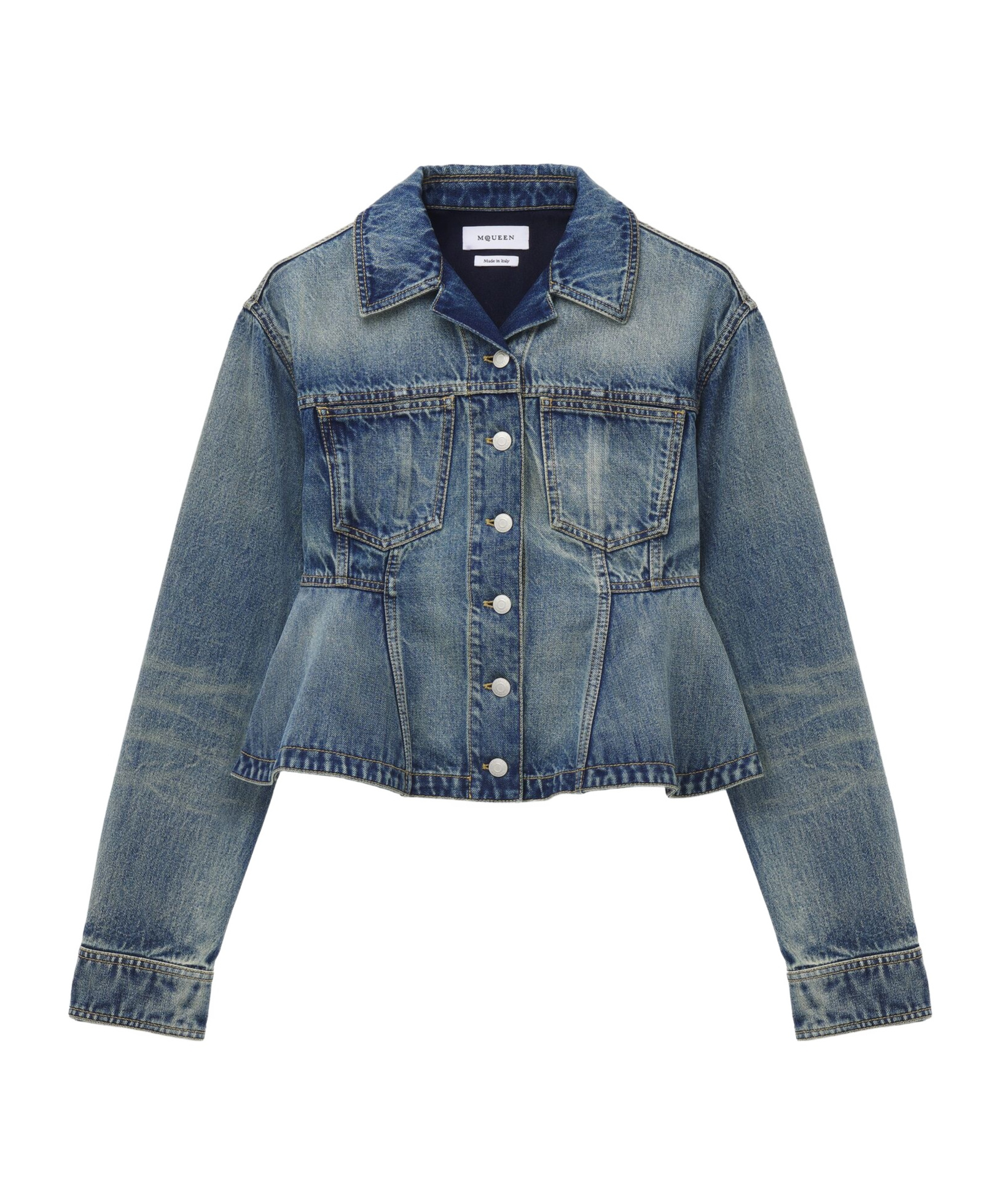 Alexander Mcqueen Stonewashed Denim Peplum Jacket In Blue