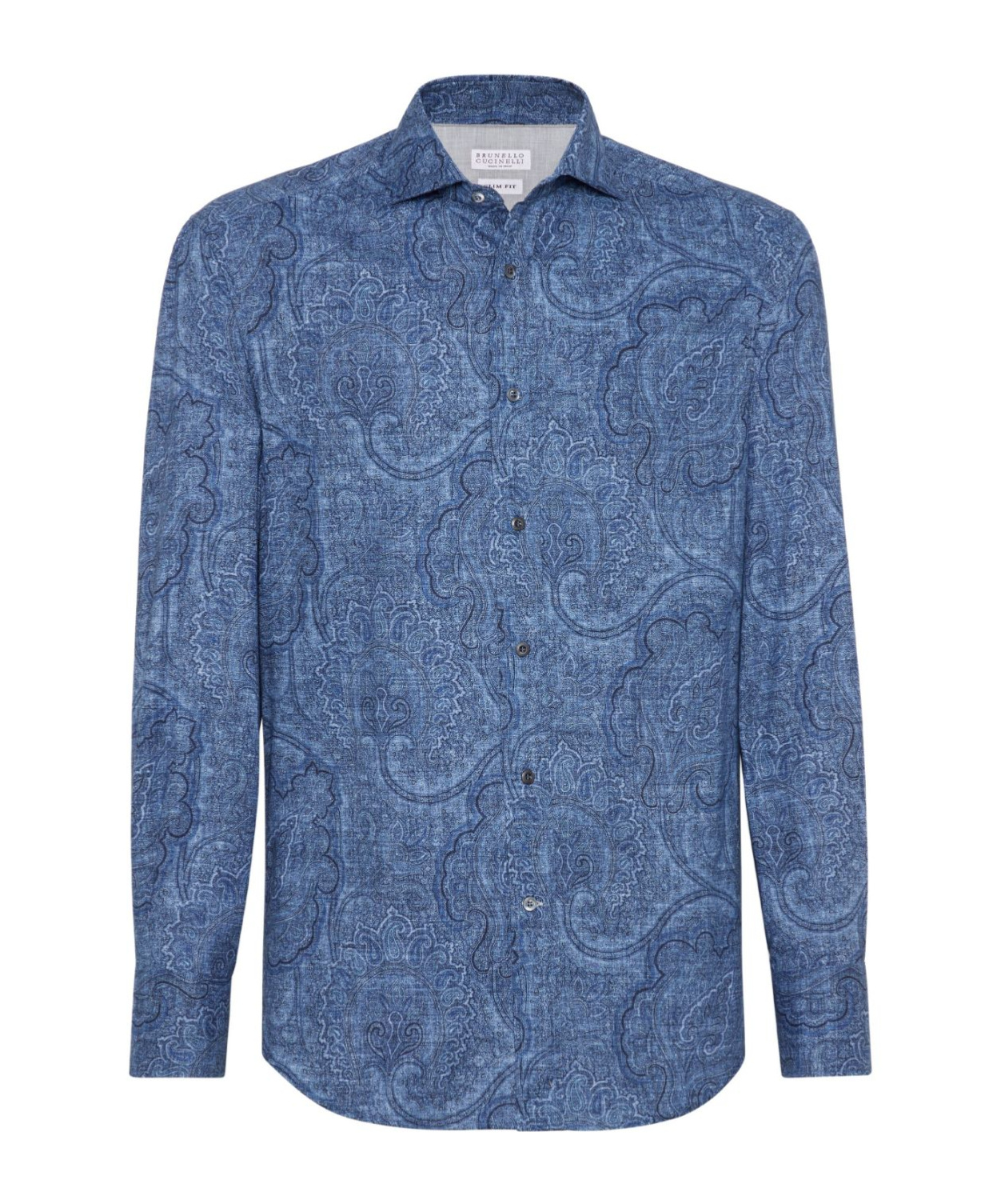 Shop Brunello Cucinelli Patterned Jacquard Cotton Shirt In Blue