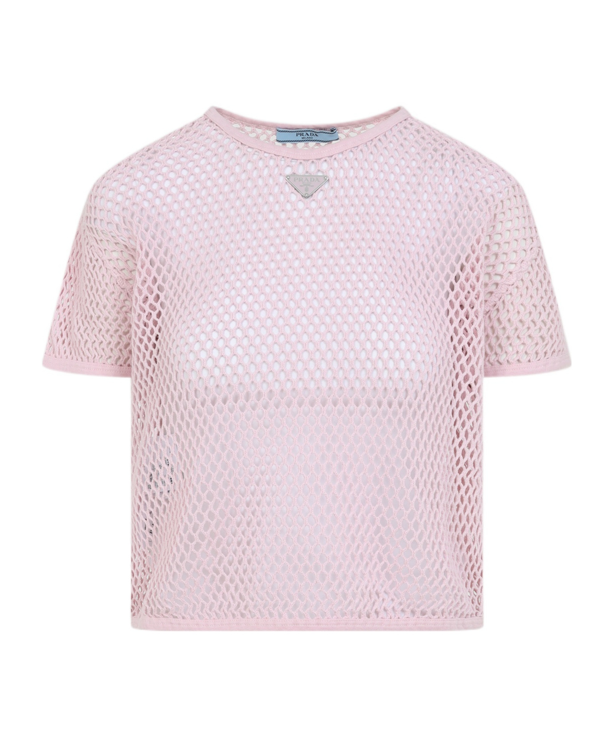 Prada Triangle Logo Net Cropped T-shirt In Pink