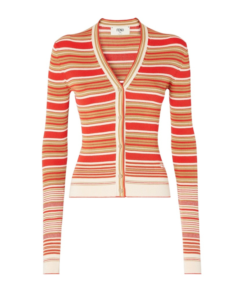 Fendi Red And Beige Striped Cotton And Silk Cardigan