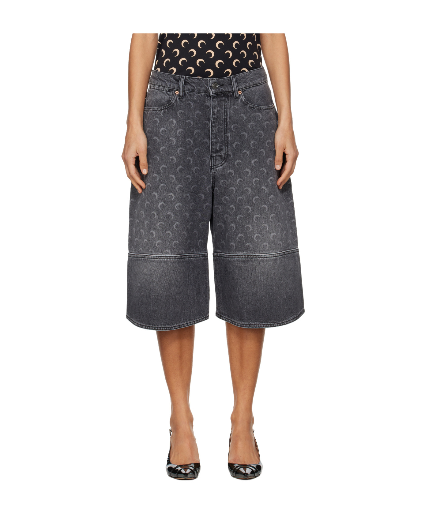 Marine Serre Grey Moon Laser Denim Shorts In Black