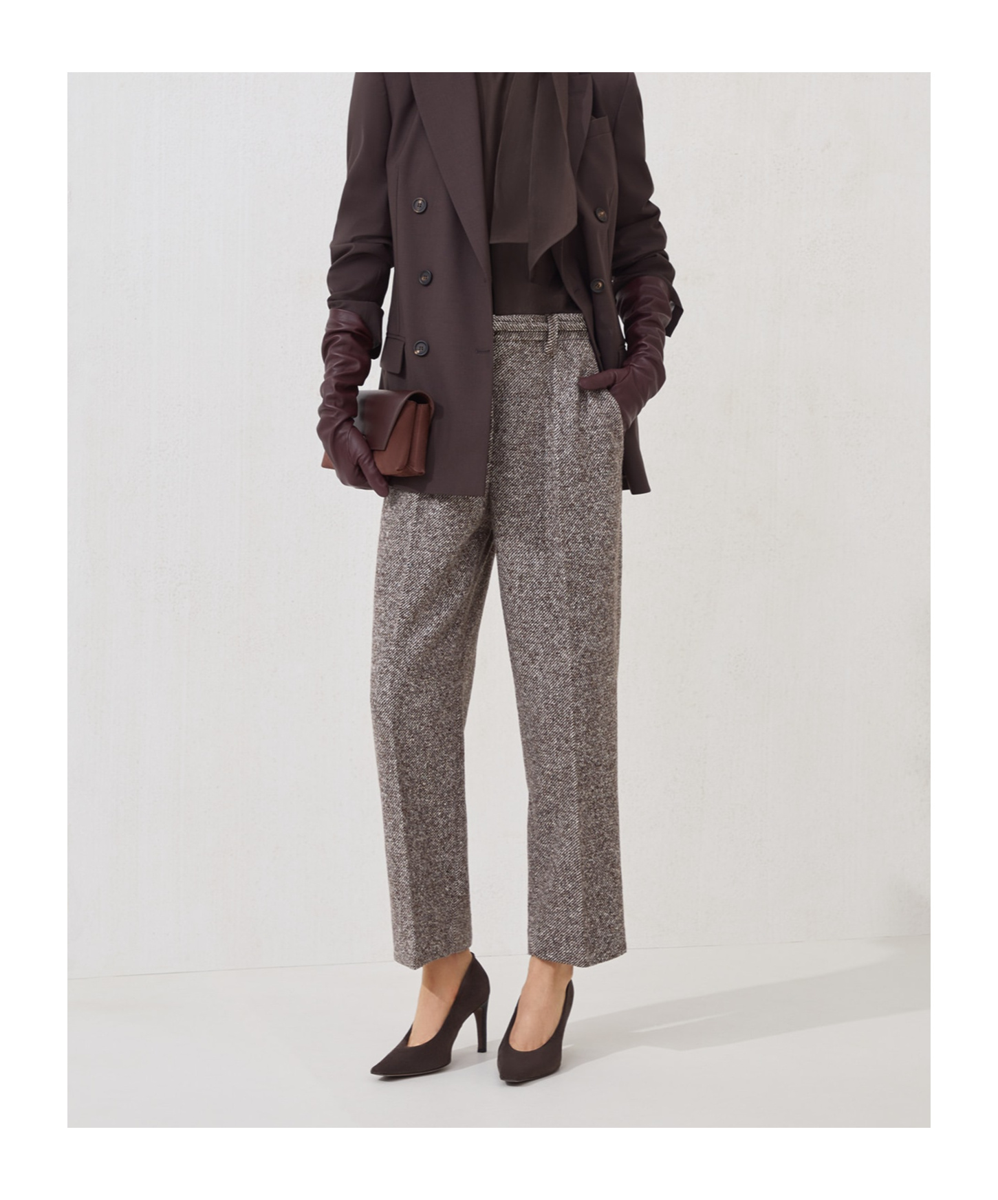 Brunello Cucinelli Techno Virgin Wool And Silk Mélange Diagonal Straight Cropped Trousers With Monili In Brown