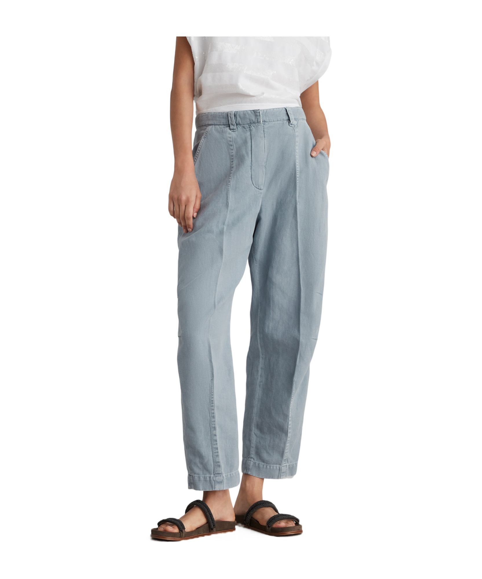 Brunello Cucinelli Women's Garment Dyed Cotton And Linen Cover Ergonomic Chino Trousers In Blue