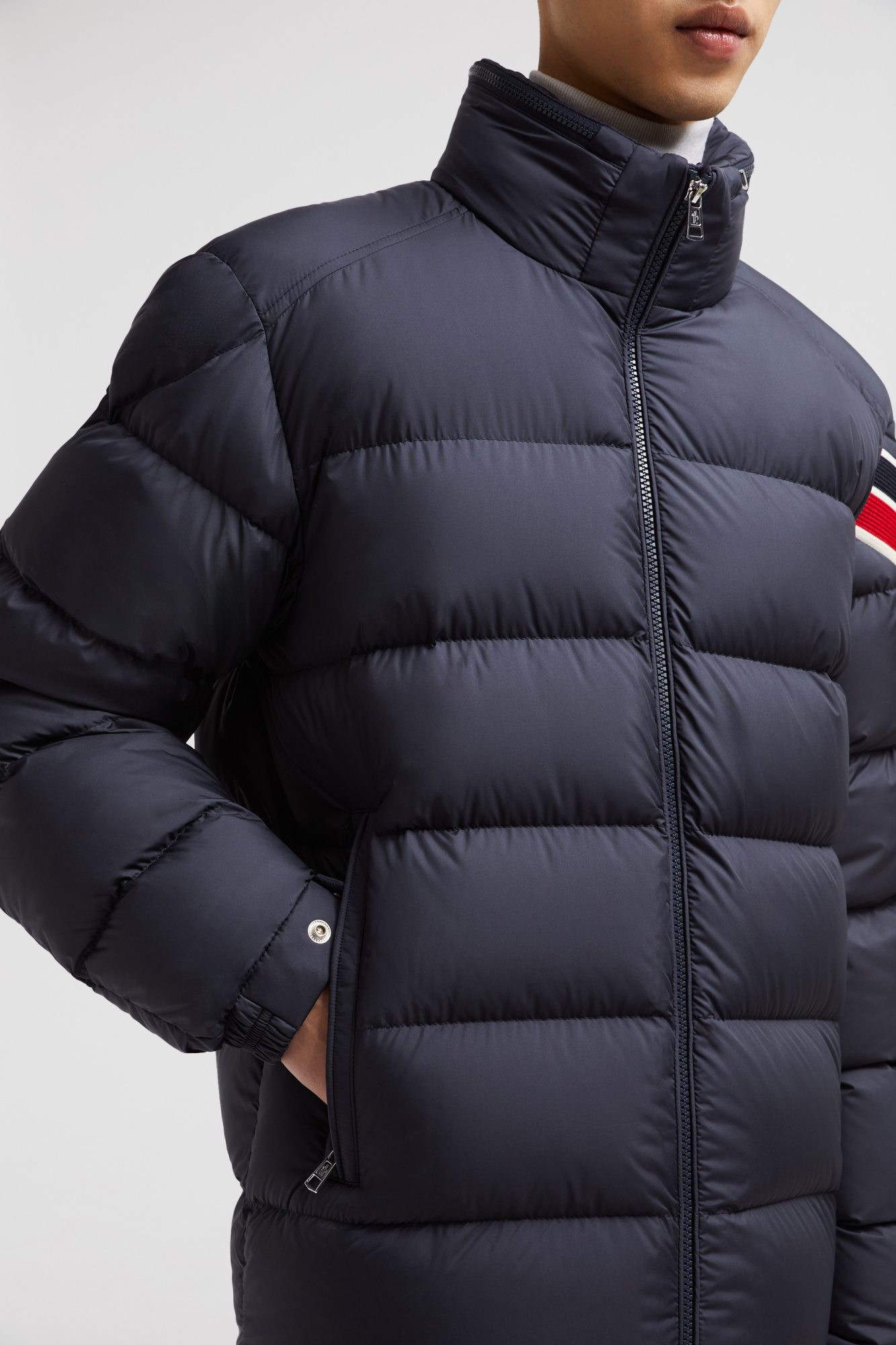 Moncler Striped Logo Patch Down Jacket In Blue