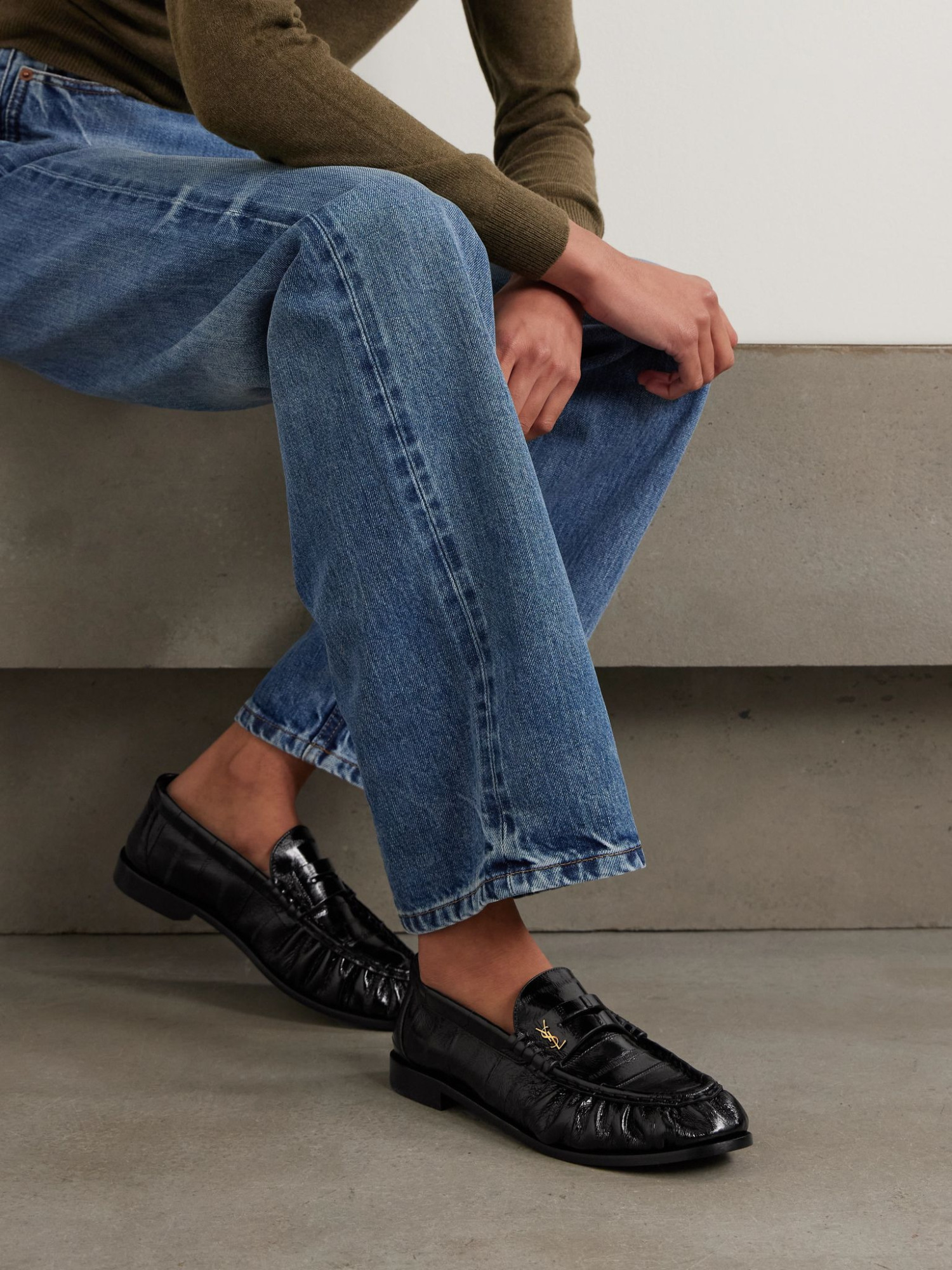 Saint Laurent Round Toe Leather Loafers With Textured Finish In Black