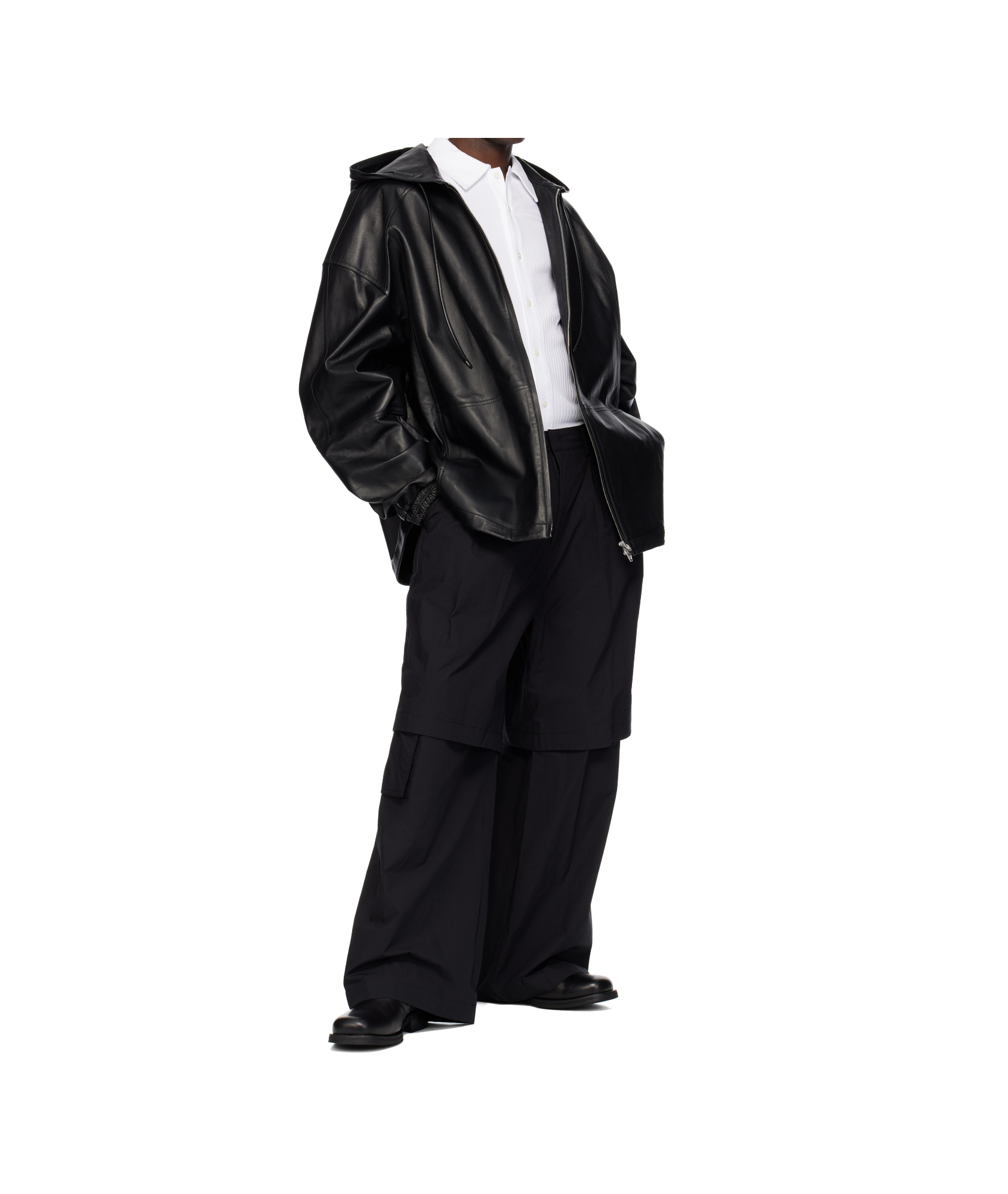 Juunj Hood Zip-up Leather Jacket In Black