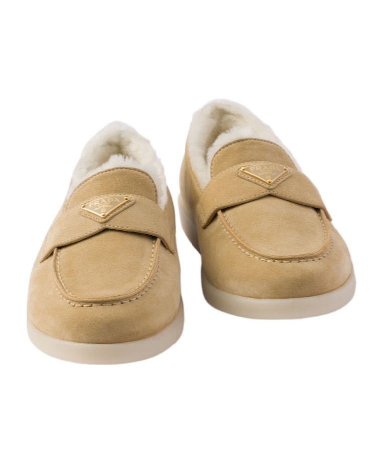 Prada St Tropez Suede Shearling Loafers In Brown