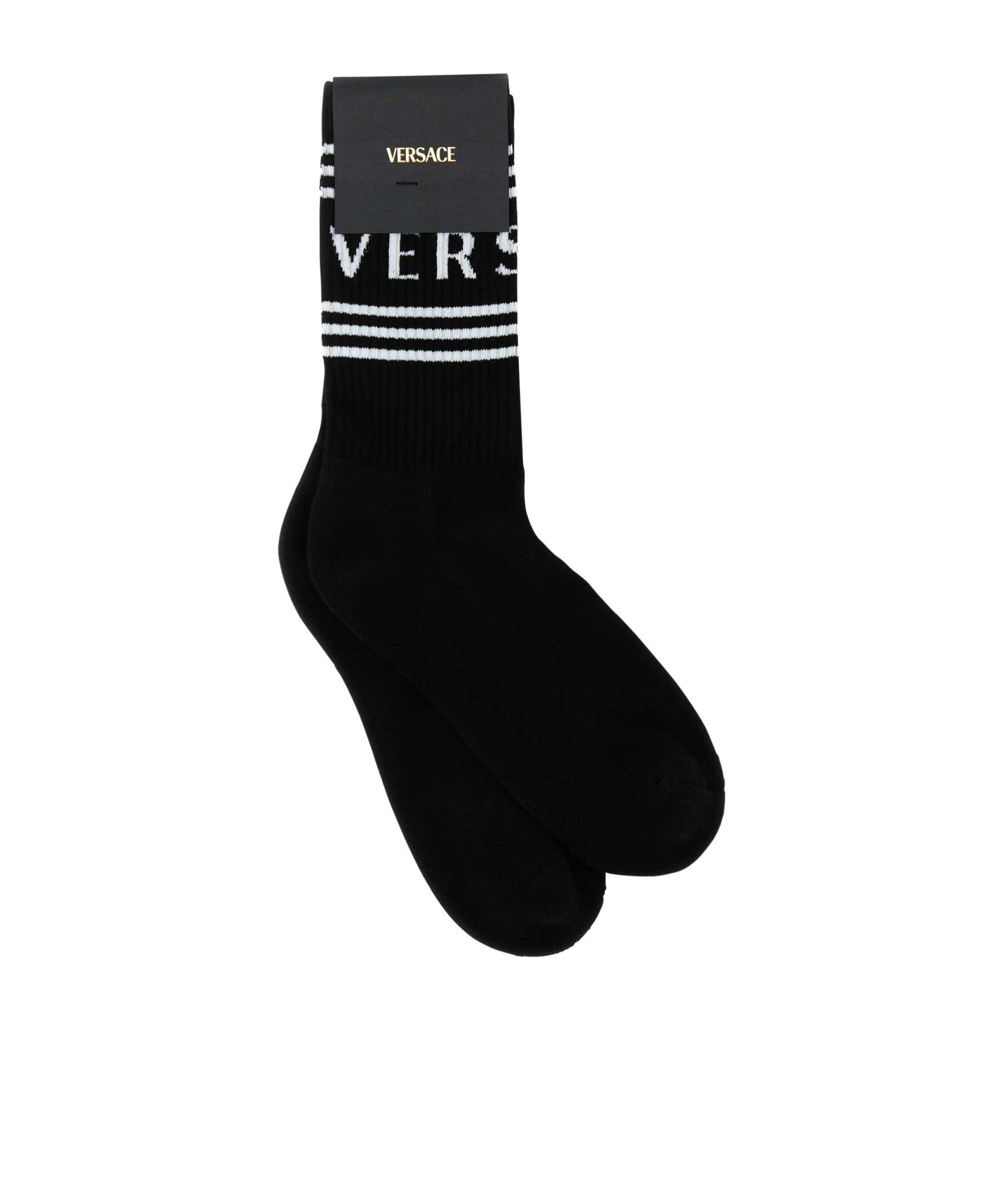 Versace Logo Inlaid Knitted Socks In Black