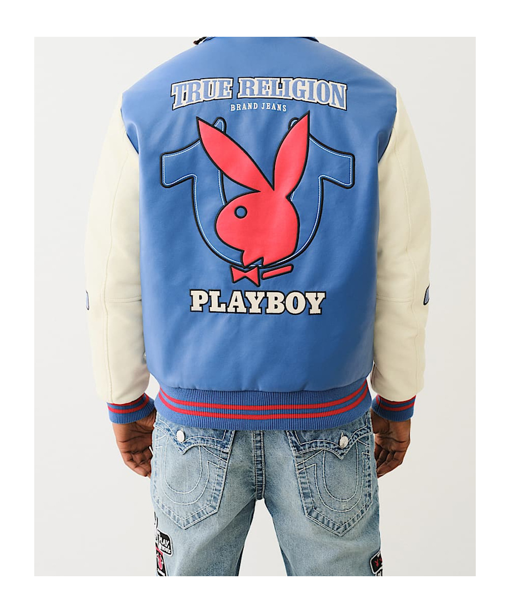 True Religion Playboy X Bomber Varsity Jacket In Blue