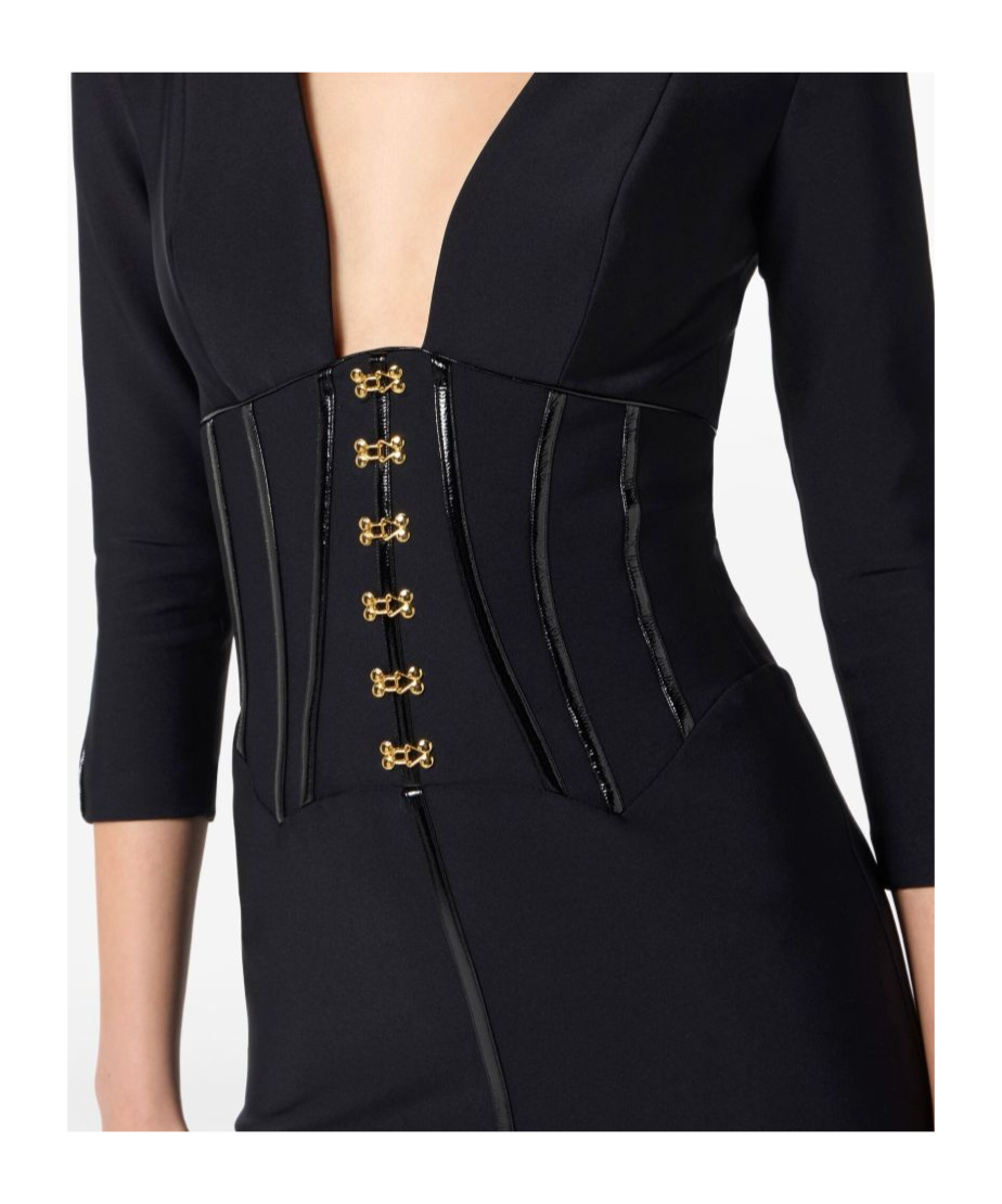 Elisabetta Franchi Dress In Neoprene Fabric With Corset Details In Black