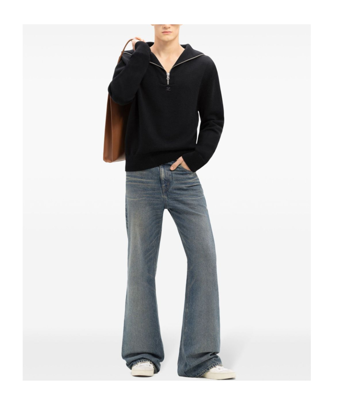 Courrèges Crewneck Wool Sweater V-neck In Black