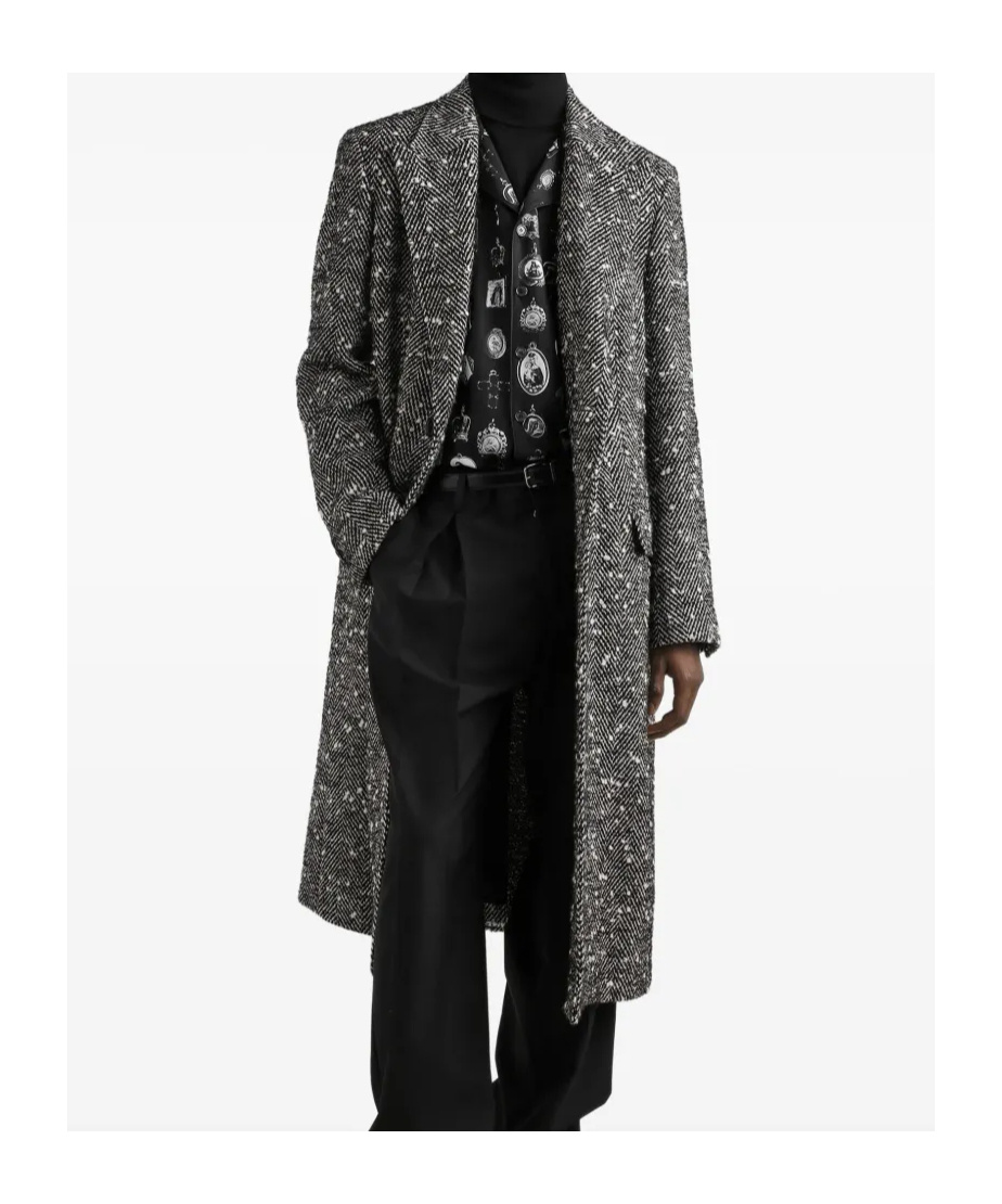 Dolce & Gabbana Herringbone Long Coat Flap Pockets In Black
