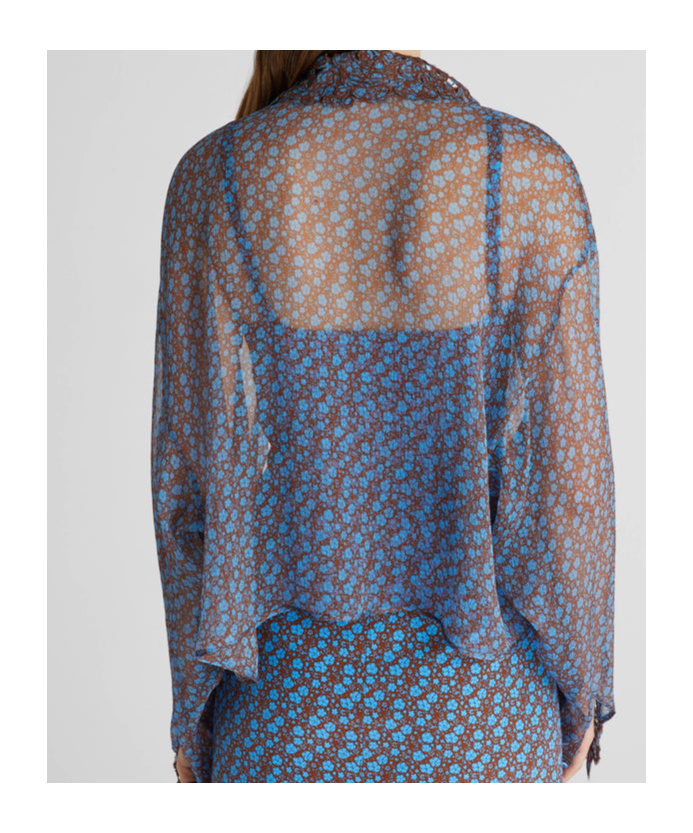 Ermanno Scervino Pure Silk Chiffon Shirt With Lace Details And Micro Flower Print In Gray