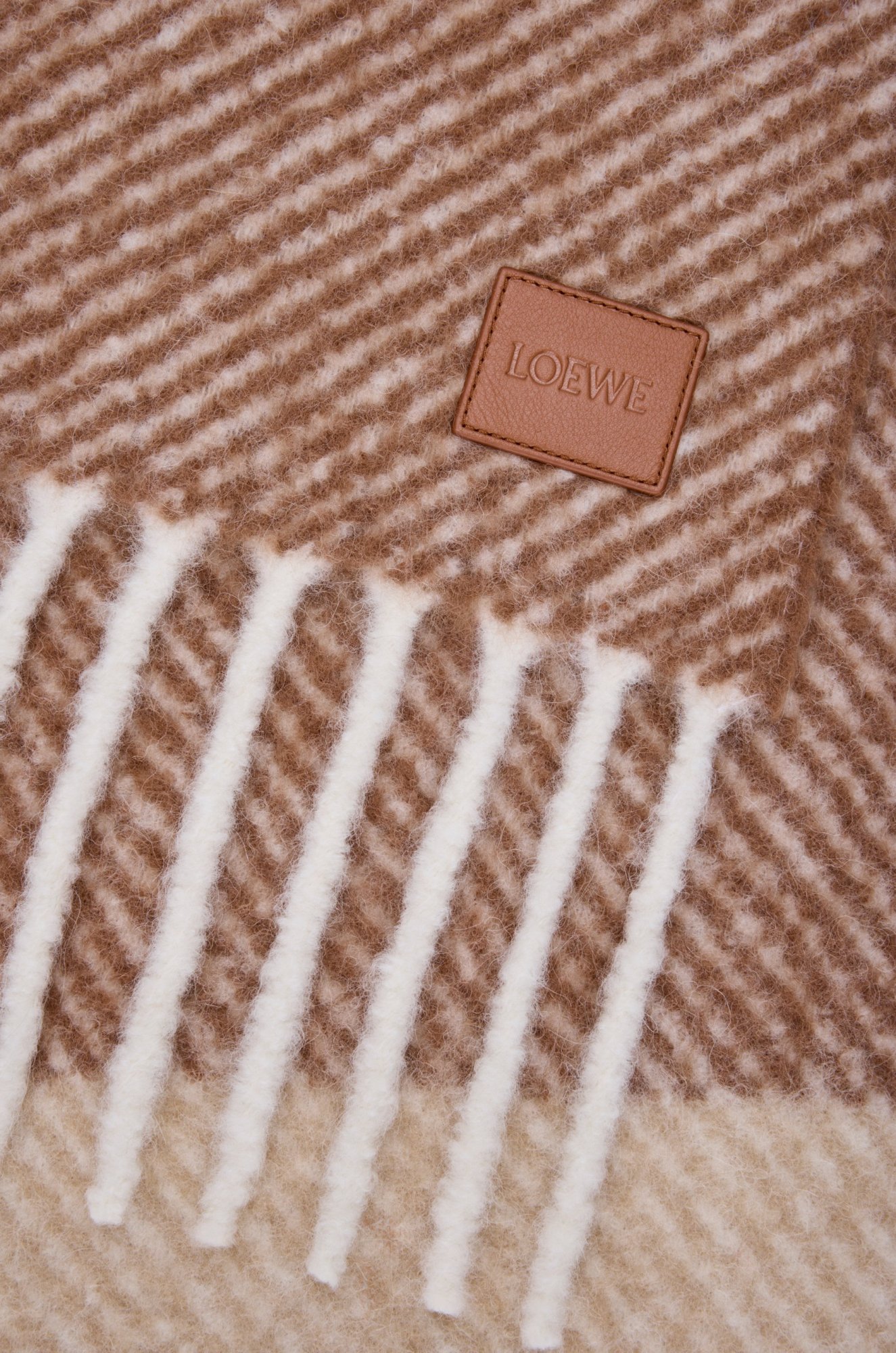 Loewe Logo Patch Striped Fringed Scarf In Neutral