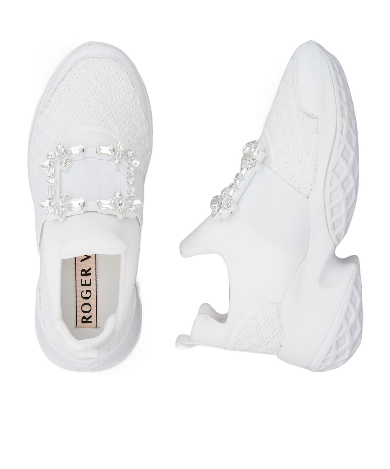 Roger Vivier Viv' Run White Trainers In Technical Fabric With Rhinestone Buckle In Bianco