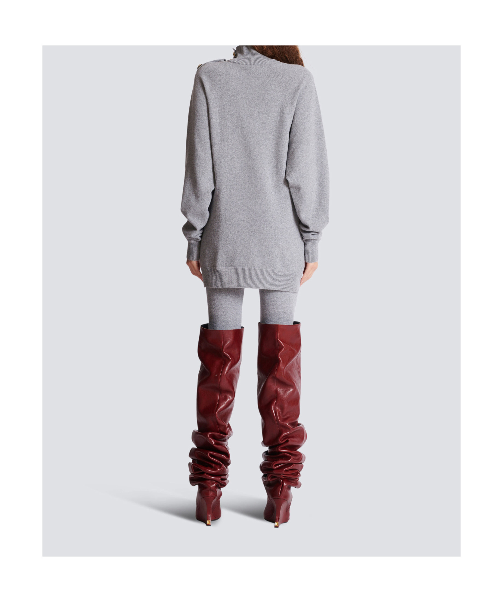 Balmain Cashmere Wool Turtleneck Dress Gold Button Detail In Gray