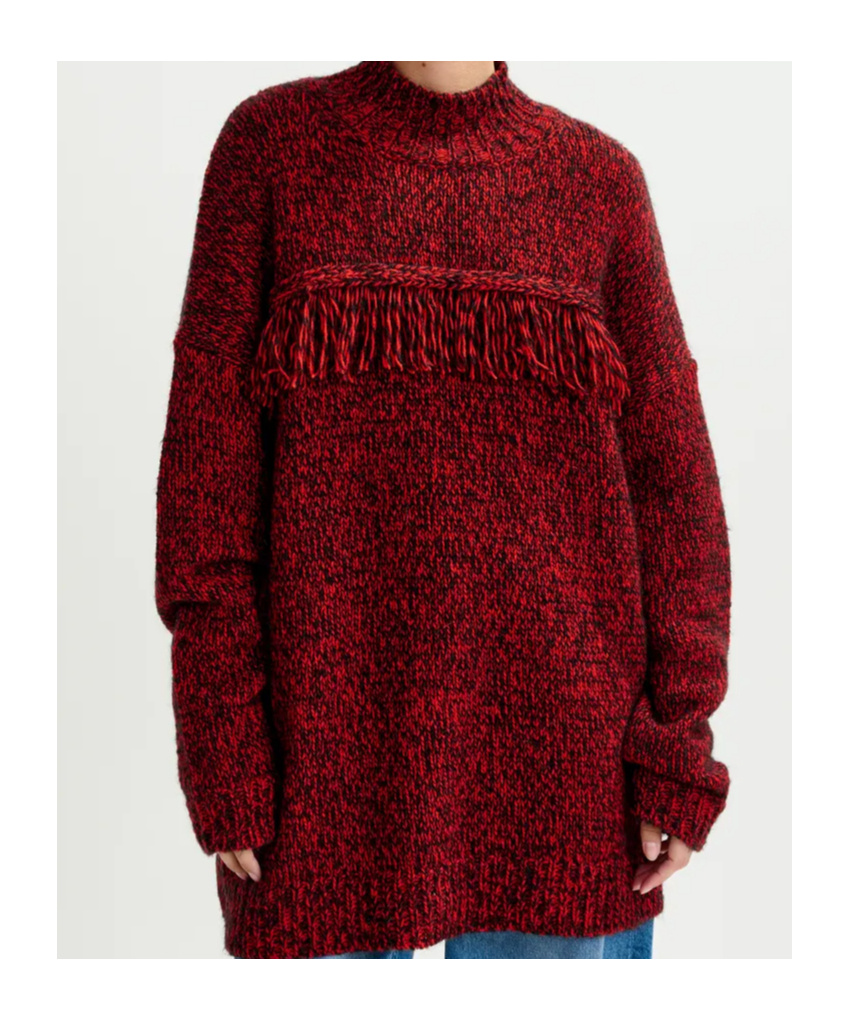 Essentiel Antwerp Dark Red And Black Wool-blend Sweater With Fringe Details In Red