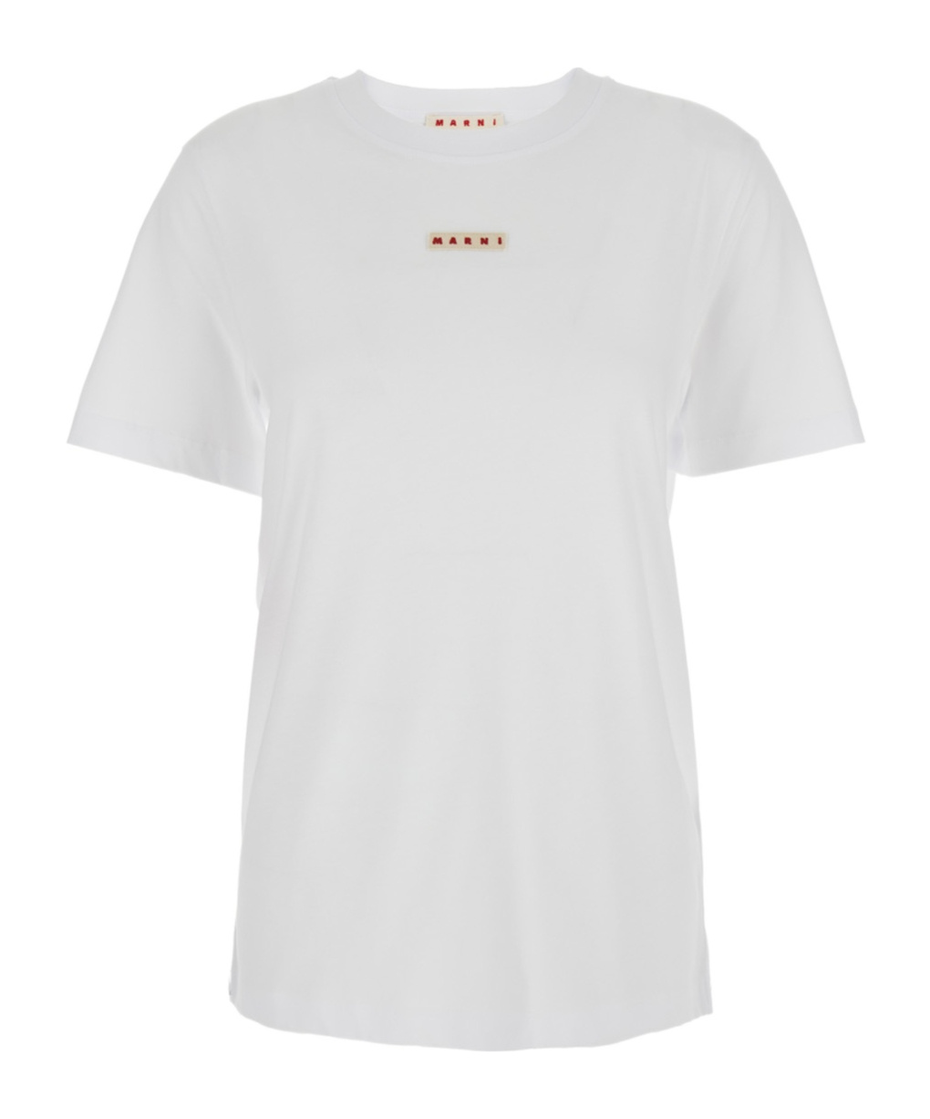 Marni White Crewneck T-shirt With Logo Patch On The Front In Cotton Woman