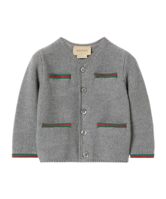Gucci Ribbon Trimmed Wool Knitted Cardigan In Gray