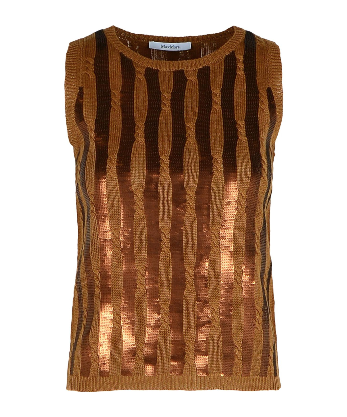 Max Mara Golia Linen Knitted Tank Top With Embroidered Sequin In Brown