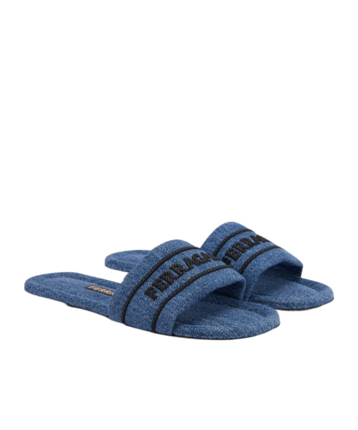 Ferragamo Slider Sandals Featuring A Denim Strap In Multi