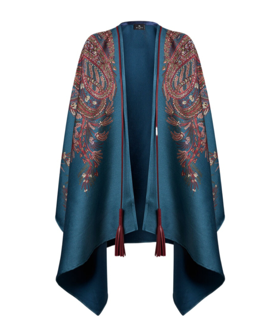 Etro Floral Paisley Wool-blend Cape In Blue