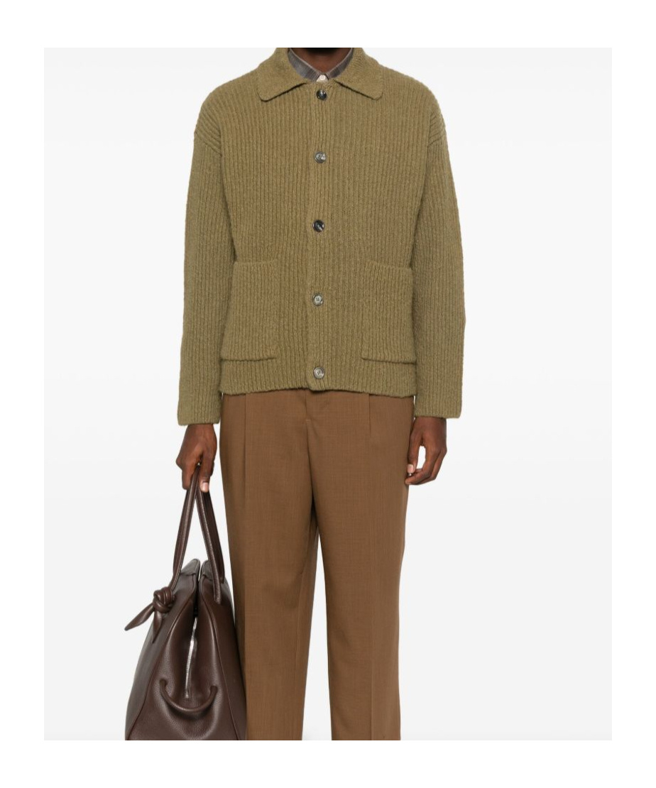Ami Alexandre Mattiussi Collared Crewneck Sweater Ribbed Texture In Brown