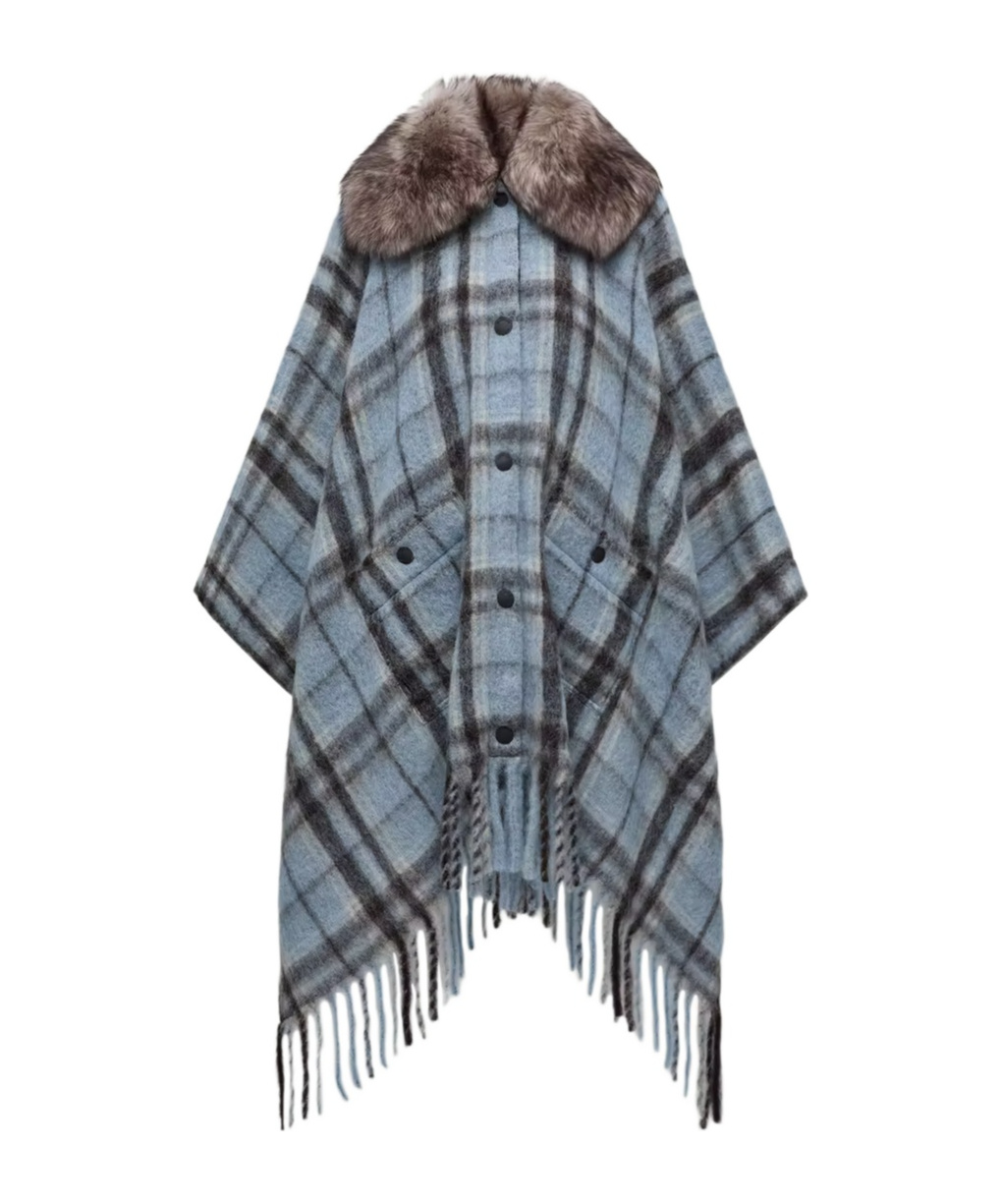 Moncler Mohair, Alpaca  Wool Blend Plaid Cape In Blue