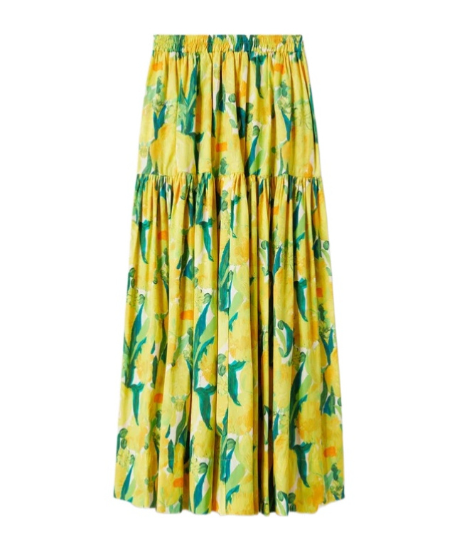 La Doublej Oscar Printed Cotton Poplin Midi Skirt In Yellow