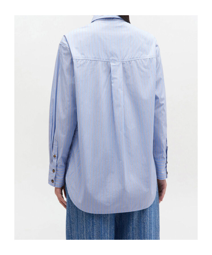 Ganni Long Sleeve Cotton Shirt With Graphic Print In Blue