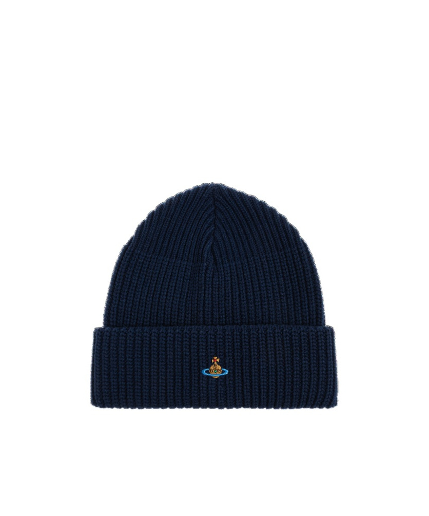 Vivienne Westwood Mens Navy Blue Sporty Orb-embroidery Wool Beanie In Blue