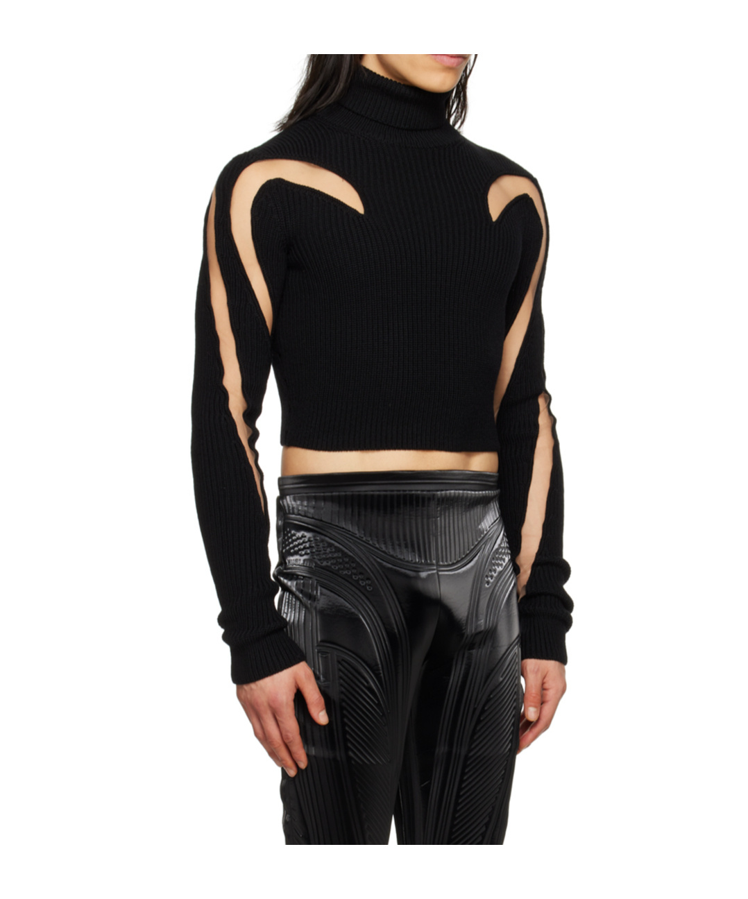 Mugler Wool & Sheer Tulle Turtleneck Sweater In Black