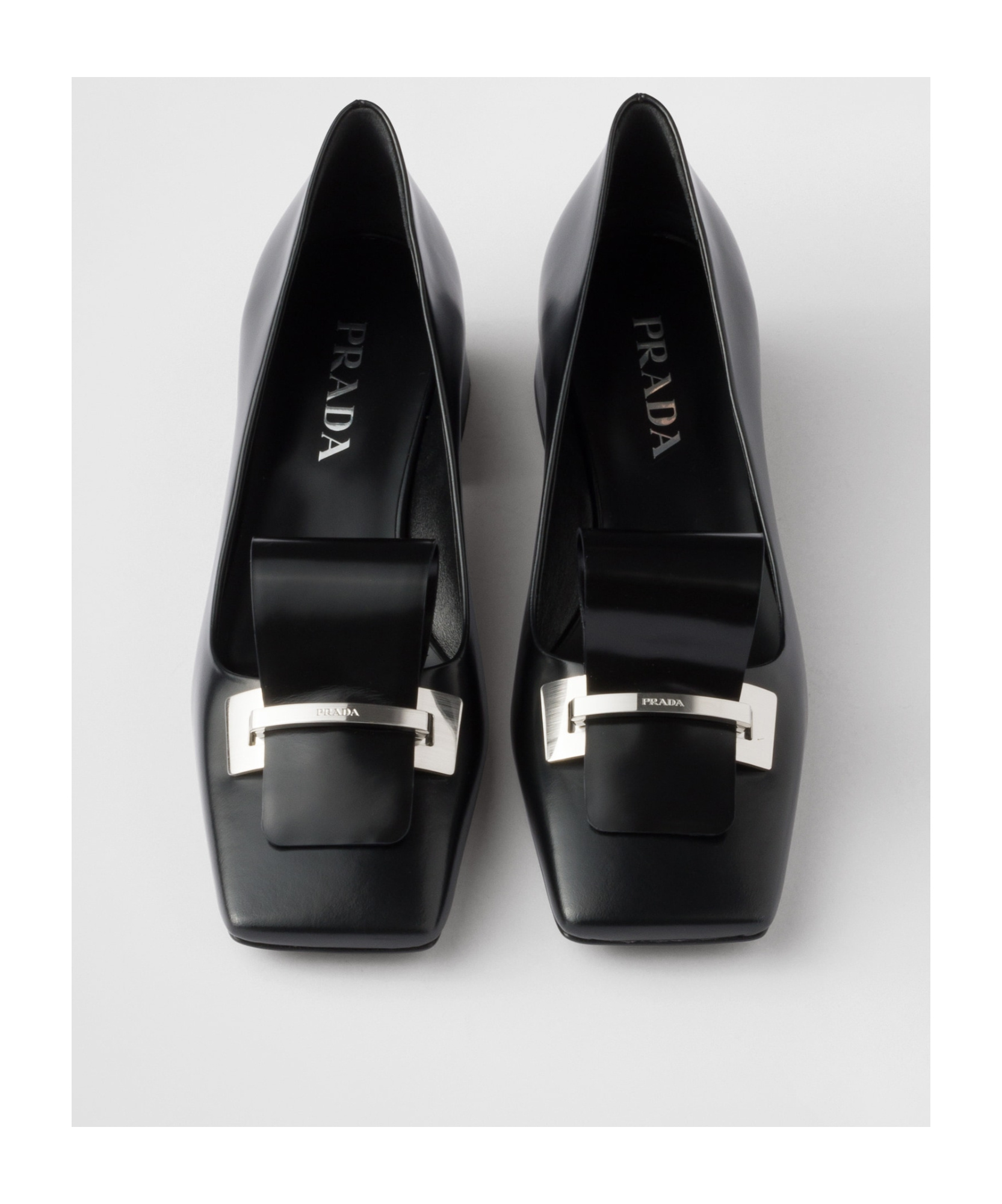 Prada Leather Pumps With Block Heel And Bow In Black