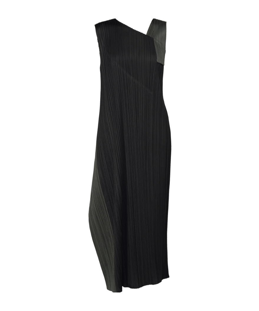 Issey Miyake Contrast Panel Pleated Midi Dress In Black