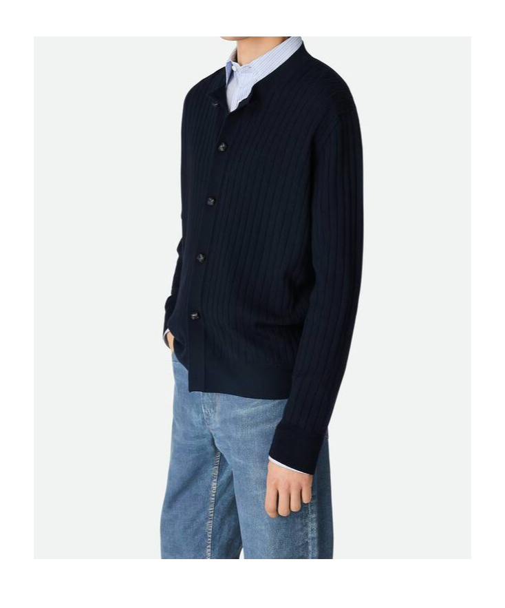 Bottega Veneta Mens Abyss Crewnck Ribbed Wool Cardigan In Blue