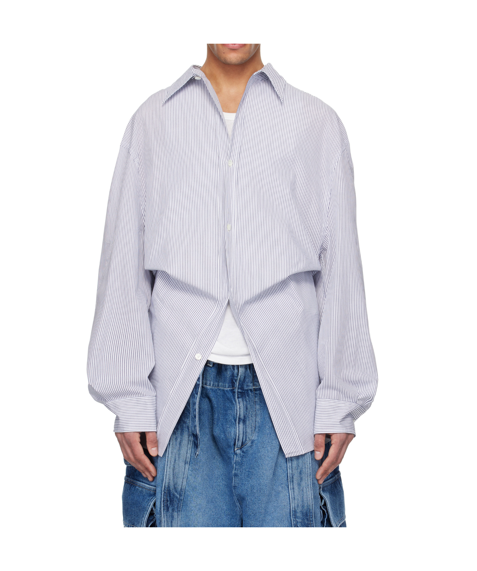 Hed Mayner Navy & White Striped Poplin Shirt In Navy Blue/white