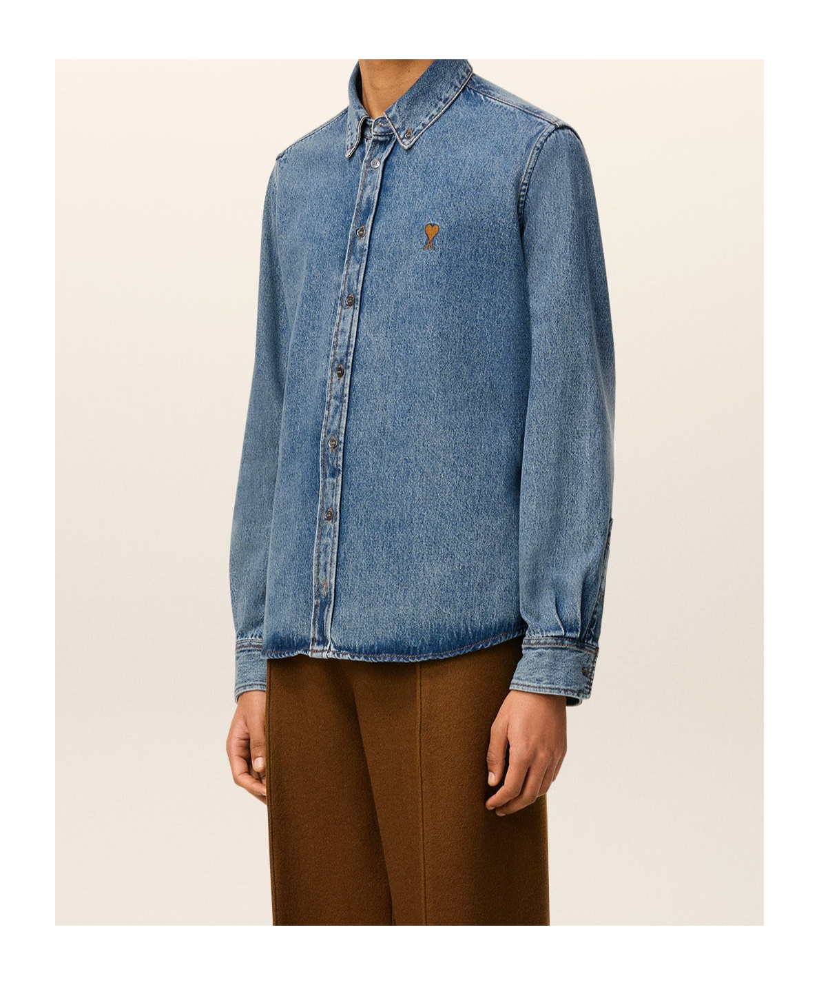 Ami Alexandre Mattiussi Adc Button-down Collar Logo-embroidered Denim Shirt In Blue
