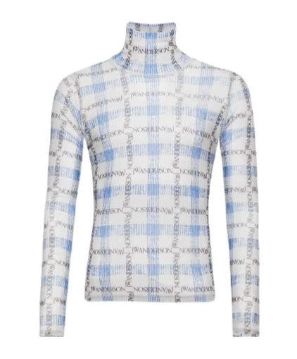 Jw Anderson Light Blue Turtleneck T-shirt With All-over Check Motif And All-over Logo Print In Tech Fabric Stret In White