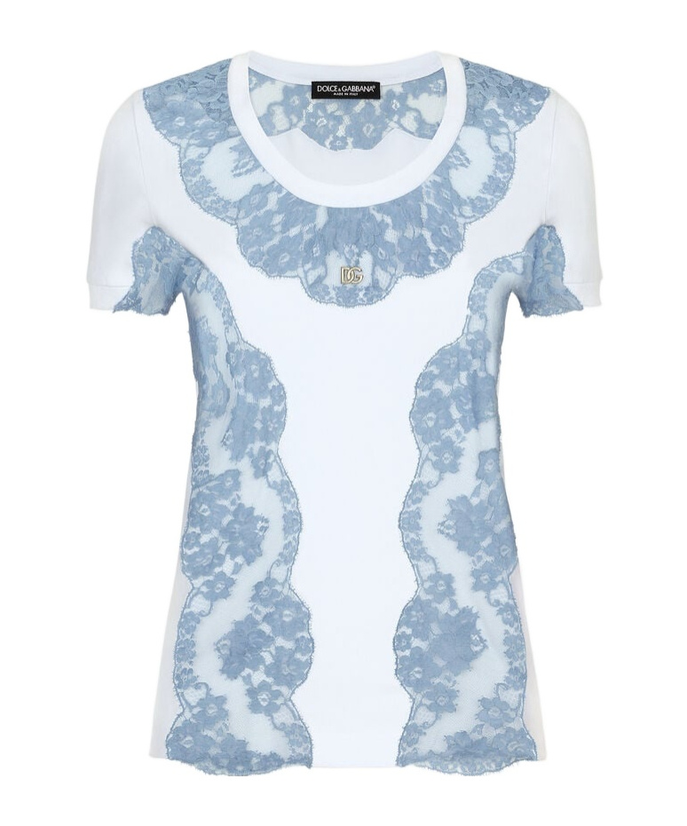 Dolce & Gabbana Jersey T-shirt With Lace Inserts And Dg Logo In White