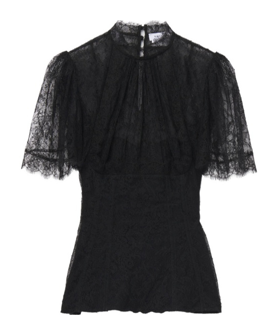 Alexander Mcqueen High Neck Sheer Lace Short Sleeve Top In Black