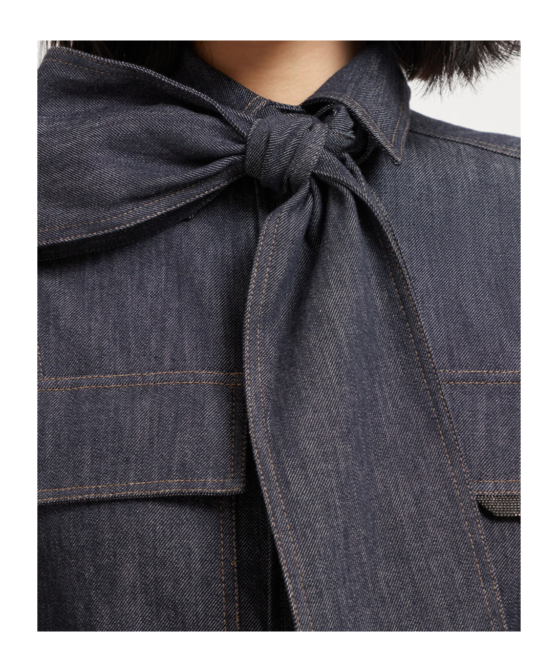 Brunello Cucinelli Long-sleeved Denim Shirt With Bow In Blue