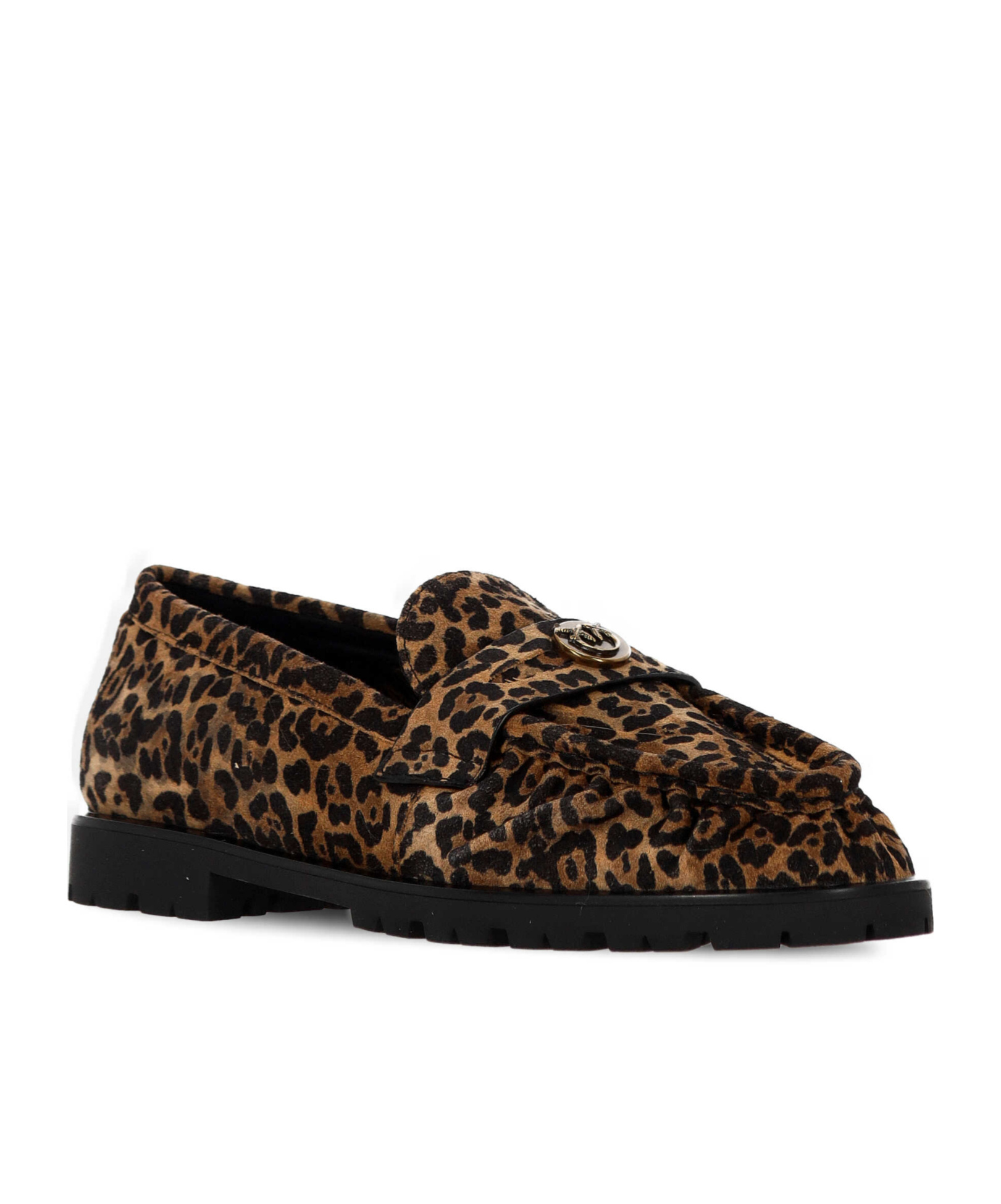 Pinko Brown Loafers With Leopard Print And Logo Plaque In Leather Woman In Black